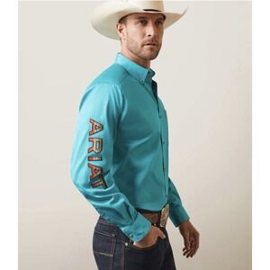 Ariat Team Logo Twill Button Down Shirt Men L Turquoise Arm Spell Out Embroidery